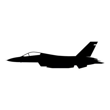 Black silhouette of a modern fighter jet plane in side view isolated on white background