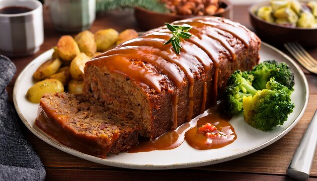 savory meatloaf with glaze and sides
