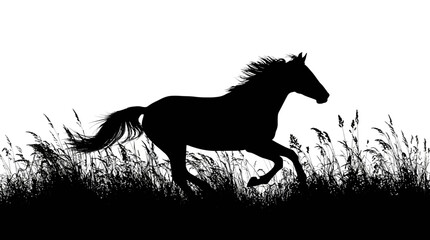 Running Horse And Grass Silhouette Against White Background © Selim Studio