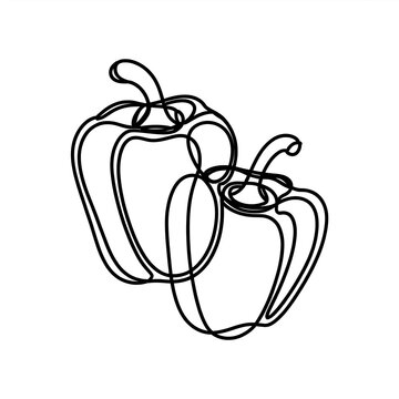 Two bell peppers drawn with a single continuous black line isolated on white background