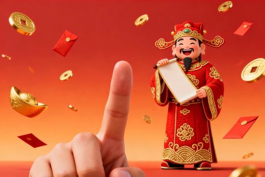 Chinese God of Wealth with Red Envelopes and Gold Coins
