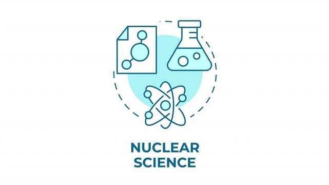 Nuclear science blue concept icon animation. Advanced atomic engineering. Clean energy. Modern laboratory innovation. Cyan circular animated abstract idea. HD video with alpha channel