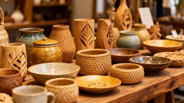 Independent retail display with ceramic pieces natural wood shelf local ret