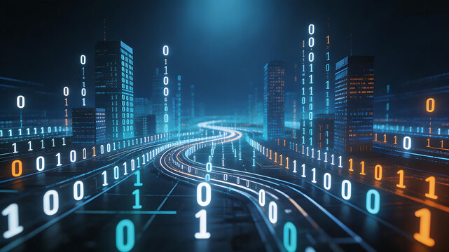 Futuristic city with binary code