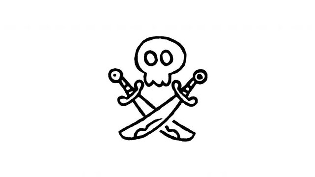 Animated doodle skull and crossbones icon. 4K frame by frame line art on black and green screen chroma key background for danger warning, pirate symbol, poison alert, and mortality emblem edits.
