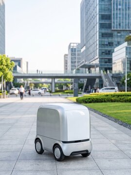 A small white autonomous robot moves along a pathway in a modern business district with office buildings and greenery.