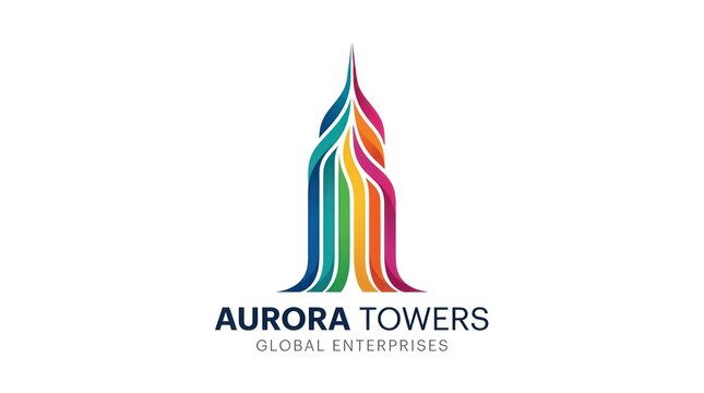 Colorful skyscraper logo design. Modern building icon with abstract ribbon elements.