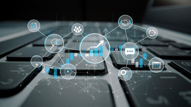 Abstract Technology Concept Visualizing Data Analytics and Performance Metrics on a Laptop Keyboard Focused on Digital Connectivity and Business Growth Sigmoid