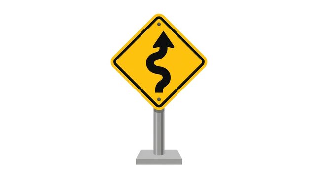 Winding road traffic sign. Yellow diamond warning sign indicating a curvy road ahead.