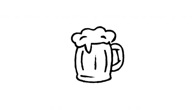 Animated 4K wooden beer stein doodle icon. White hand drawn line art on black and green screen backgrounds for pirate mug ale, tavern drink, foam pub tankard, and Oktoberfest beverage edits.