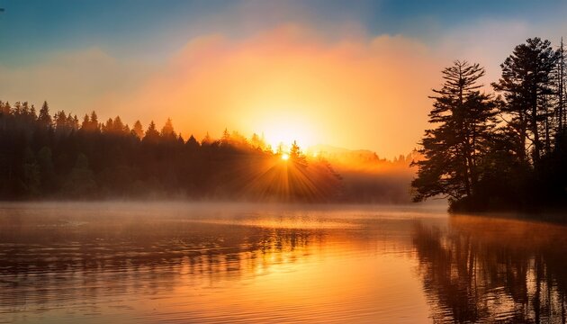 Sunrise Over Serene Lake With Misty Fog And Trees