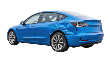 Fototapeta premium Blue modern electric car with a damaged rear fender and side panel after a vehicle accident isolated on transparent background