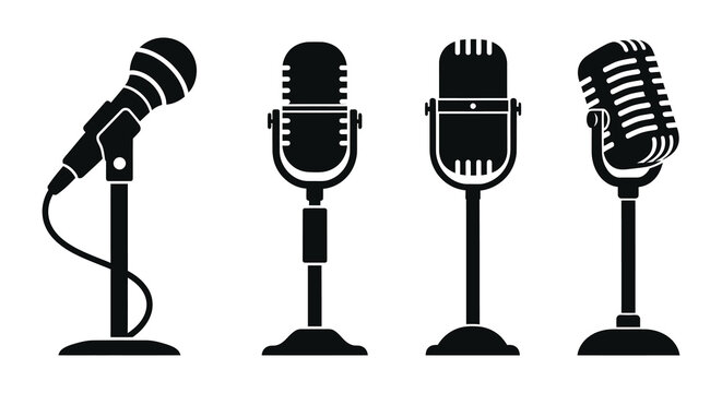 A collection of four distinct black silhouette icons depicting various styles of vintage and modern microphones on tall stands