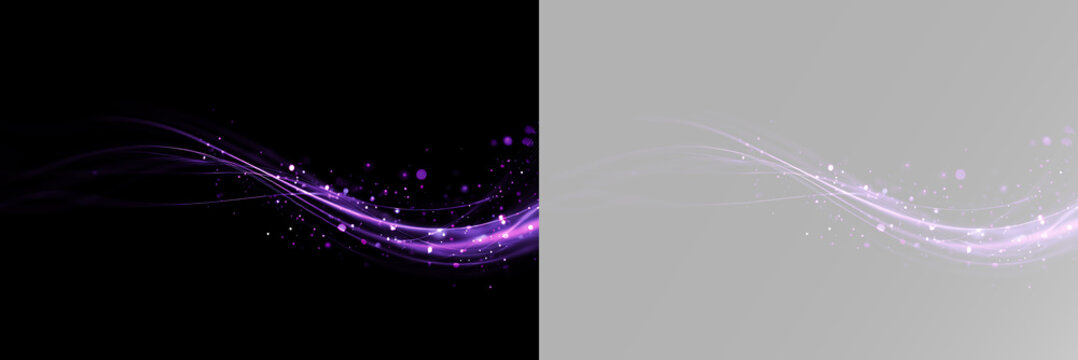 Abstract purple neon wave with sparkling light particles and elegant flowing curves overlay