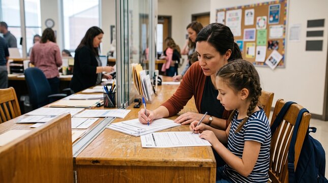 Mother helps daughter fill out paperwork at a school administrative desk with other people in background