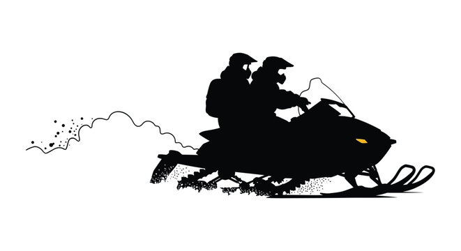 A black silhouette illustration of two people riding a snowmobile across a snowy landscape during a cold winter day trip