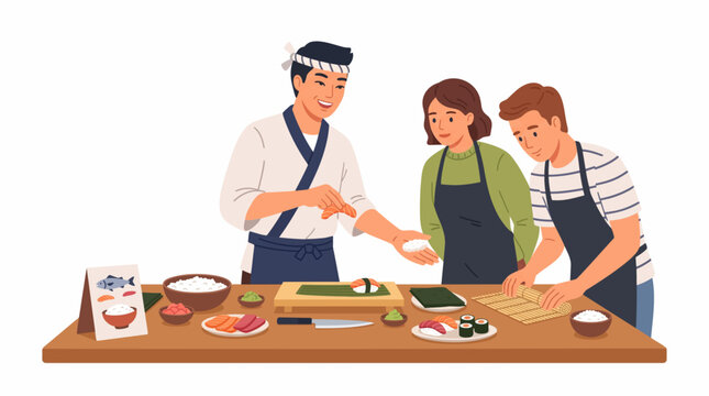 Chef teaches students how to make sushi rolls in a cooking class with fresh ingredients and rice