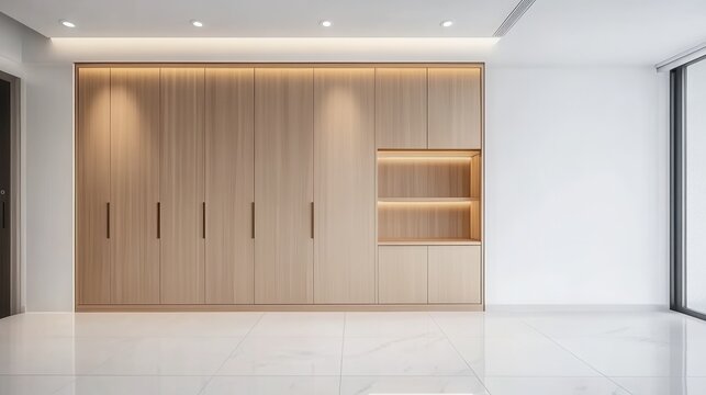 Modern wooden wardrobe with open shelving and LED lighting