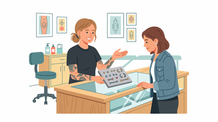 Fototapeta premium Tattoo artist shows piercing jewelry options to a customer in a modern studio with artwork on the walls