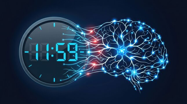 Digital clock face showing time connected to glowing neural brain network