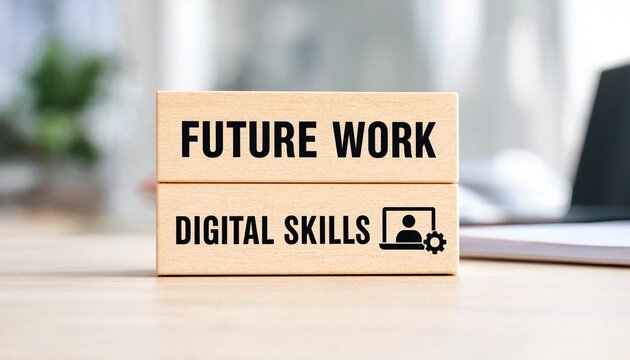 Cardboard box displaying future work concept with digital skills and remote working icon on office desk