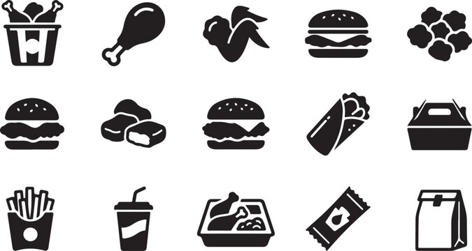 Set of black fast food icons including fried chicken burger nuggets fries and takeaway packaging