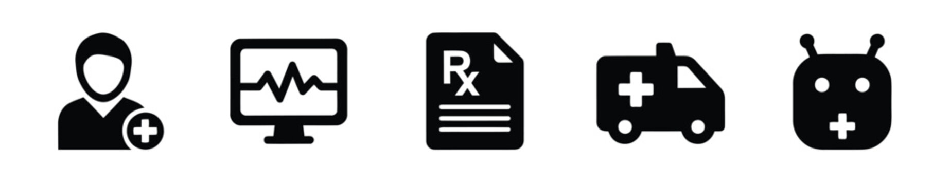 Set of black healthcare icons including physician with plus sign, heart rate monitor, prescription document, ambulance vehicle and medical AI bot, vector icon collection for hospitals and clinic apps