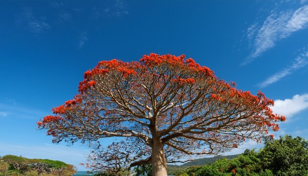 A Beautiful Bombax Ceiba Tree Shows Off Its Vibrant Red Flowers Against A Bright Blue Sky