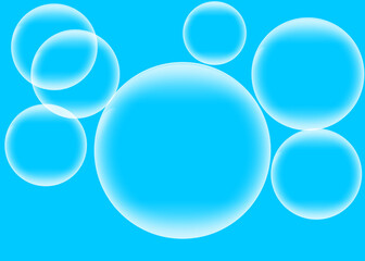 Bright cyan blue background with transparent water bubbles vector illustration, fresh aquatic concept backdrop with clean overlapping circles for summer or hygiene product designs.