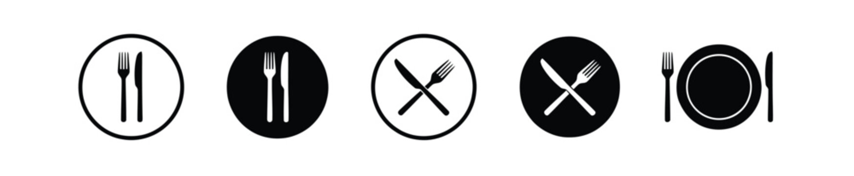 Set of black restaurant and dining icons featuring fork and knife on a plate in circle and crossed cutlery variations, flat vector icon collection for food, menu and hospitality business design today