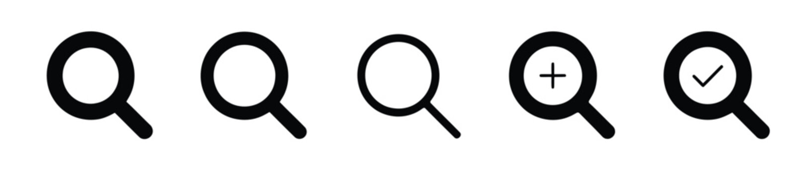 Set of black magnifying glass search icons in five styles including outline, filled, zoom in plus and verified checkmark, flat vector icon collection for search bar and website interface design today