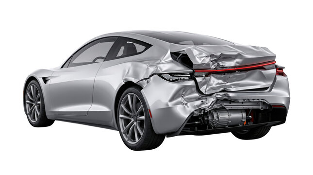Silver electric car with a damaged rear bumper after a road accident isolated on transparent background