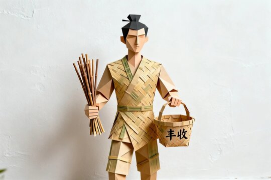 Paper Art Figure Holding Bamboo and Basket with Chinese Characters
