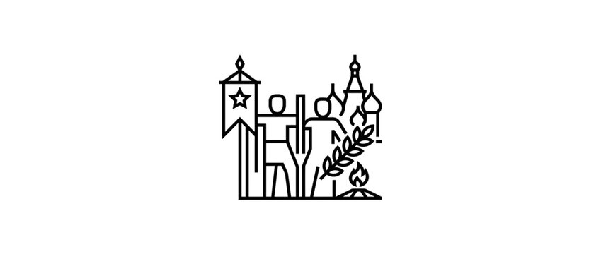Russian Patriotic Symbols Illustration with Kremlin, Star Banner, Wheat and People Line Art Icon