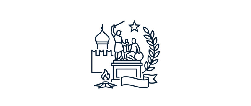 Russian Patriotism Line Art Icon Featuring Minin and Pozharsky Monument Kremlin and Eternal Flame