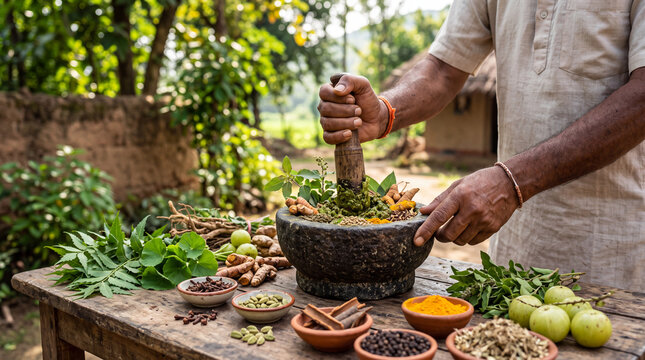 An older woman and a younger woman working together to grind medicinal herbs surrounded by baskets of natural components.