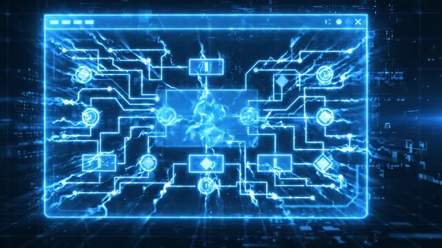 Digital flowchart interface on blue technical background