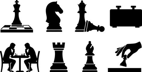 Chess Silhouette Collection with King Queen Knight Rook Bishop Pawn and Strategy Vector Set © Designer Arjun