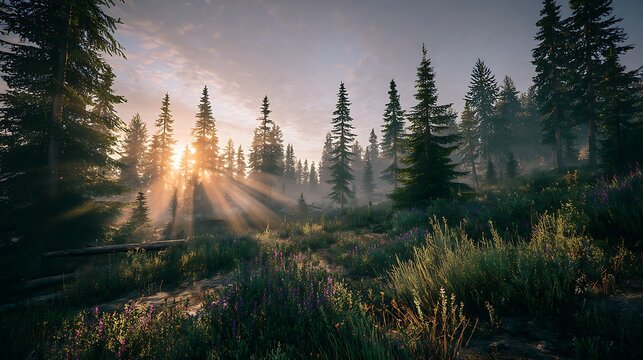 Mountain landscape with snowcapped peaks and pine trees at sunrise