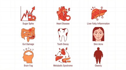 Fototapeta premium Various icons representing health issues caused by sugar and junk food. It highlights effects on the body and nutrition.