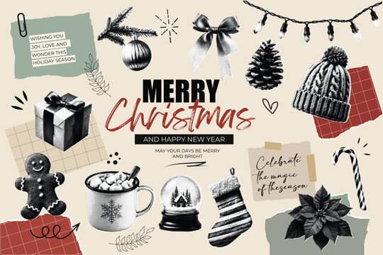 Merry Christmas Halftone Collage with Gift Box, Cocoa Mug and Gingerbread Man. Holiday Season Icons with Stocking, Snowglobe and Pinecone. Retro Scrapbook Style Greeting Card Set