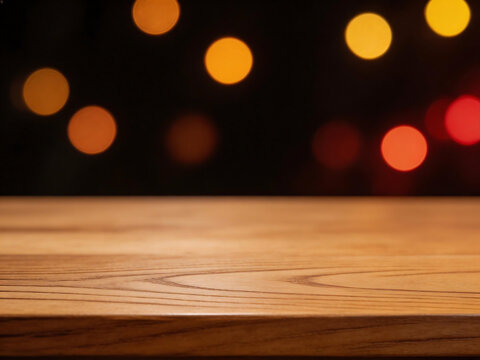 Wooden table with bokeh lights