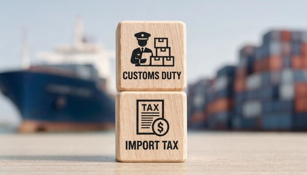 Customs duty and import tax wooden blocks displayed in front of shipping containers and cargo ship