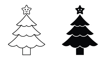 Obraz premium Two of a christmas tree with a smiling star topper, one in black outline and one in solid black silhouette on a white background