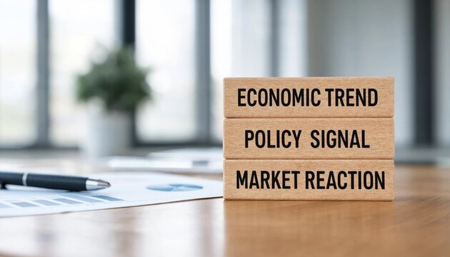 Economic analysis wooden blocks showing key financial concepts on a desk with charts and pen