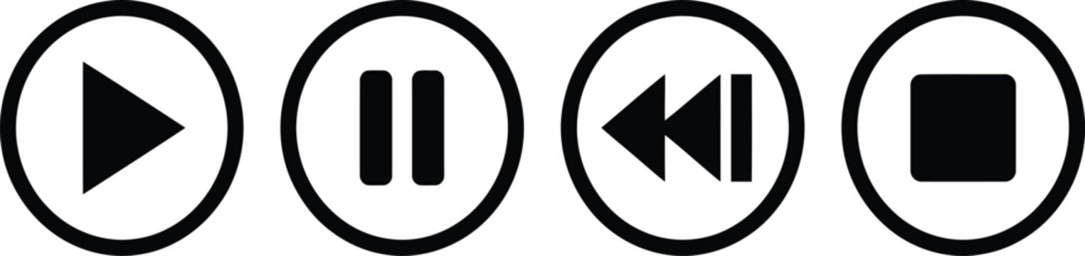Black media player control buttons set including play pause rewind and stop icons