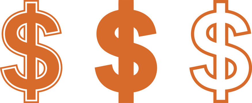 Three different orange dollar sign currency symbols for financial business and banking designs