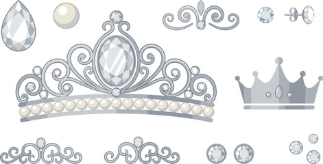 Luxury silver tiara and crown vector illustration set with sparkling diamond gemstones elegant pearls earring studs and royal bridal jewelry design elements isolated on white background © Nasrin