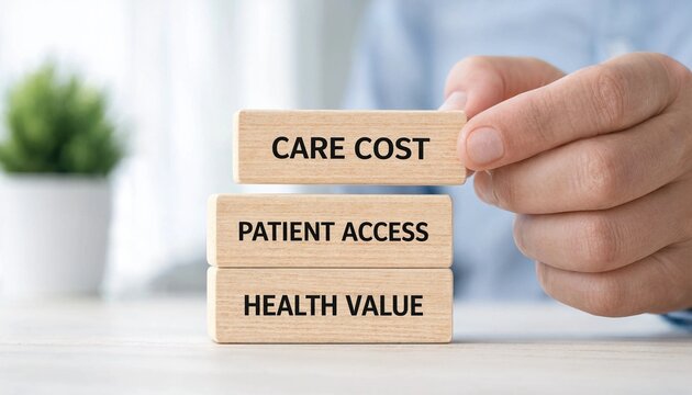 Hand arranging wooden blocks representing healthcare priorities with care cost patient access and health value labels