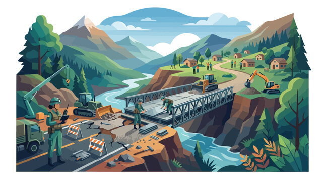 Military engineering team constructing a temporary steel bridge over a river canyon.
